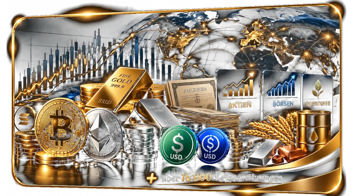 Kartenmotiv Märkte und Vermögenswerte: Gold, Silber, Aktien, Anleihen, Rohstoffe und Kryptowährungen